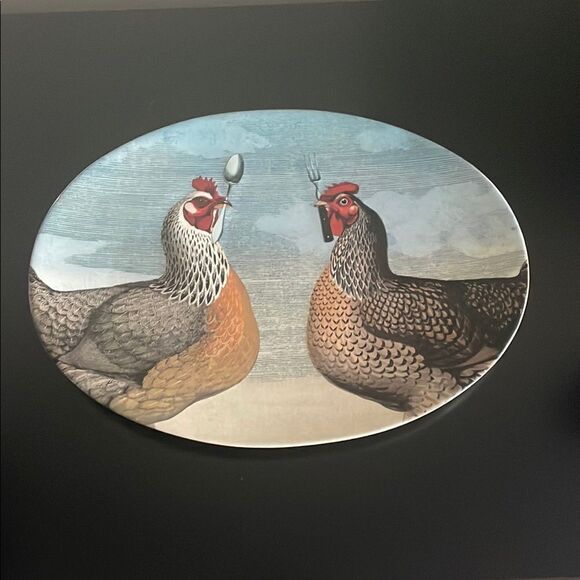 John Derian Chicken rooster holding fork and spoon stoneware serving platter - Picture 1 of 5